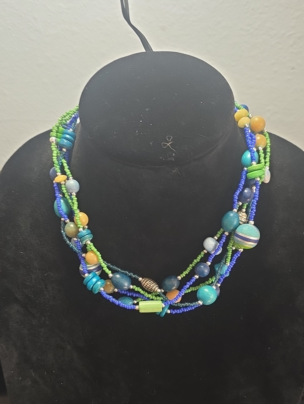 Vintage Multi-Strand Blue and Green Beaded Necklace - Wooden Beads 8"